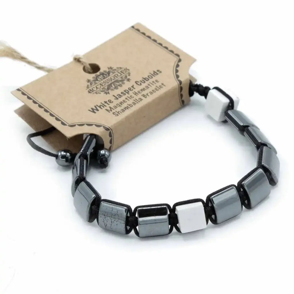 Magnetic Hematite Shamballa Bracelet – White Jasper Cuboids | www.artisangoods.co.uk Magnetic Hematite Shamballa Bracelet – White Jasper Cuboids | www.artisangoods.co.uk