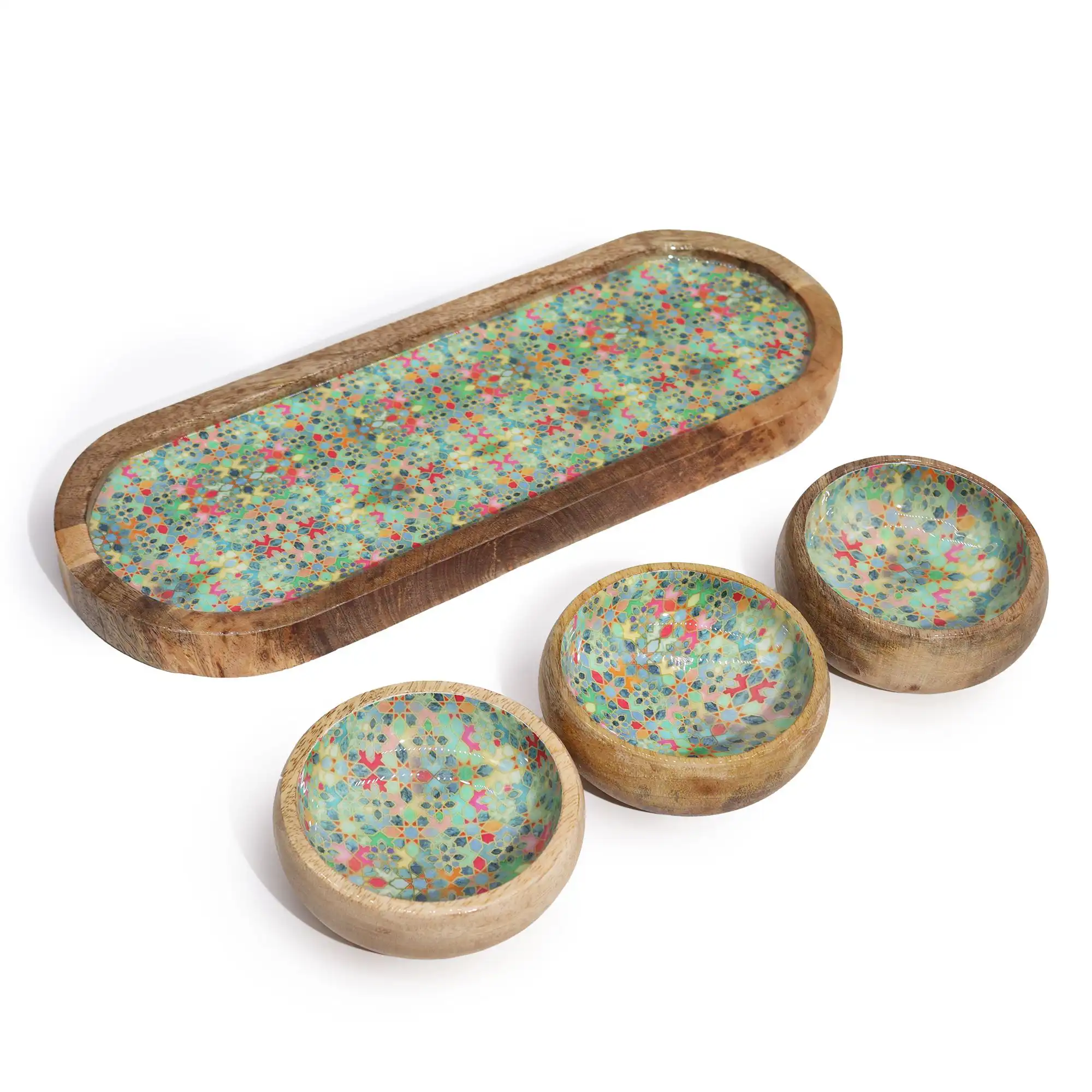Mango Wood Tray with 3 Bowls – Mediterranean Tile pattern | www.artisangoods.co.uk 4 Mango Wood Tray with 3 Bowls – Mediterranean Tile pattern | www.artisangoods.co.uk 3
