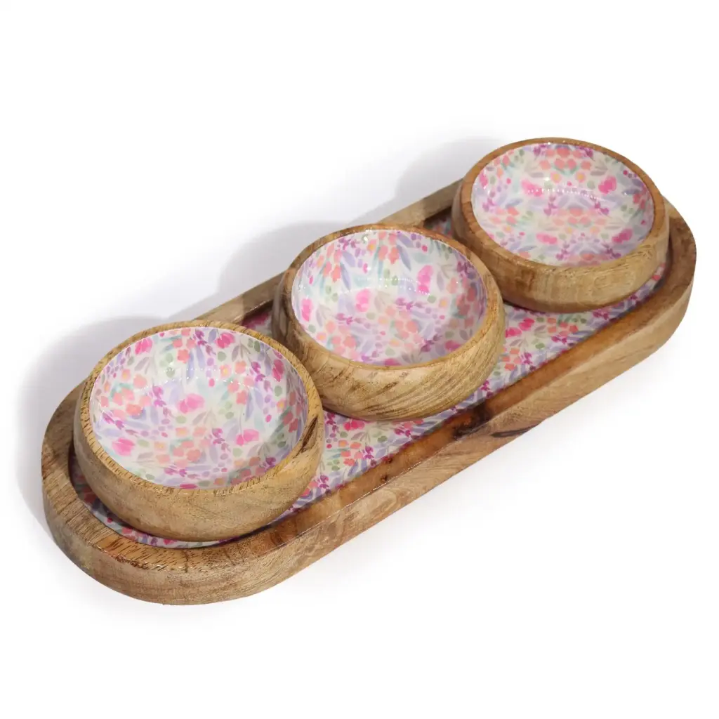 Mango Wood Tray with 3 Bowls – Pretty Floral | www.artisangoods.co.uk 6