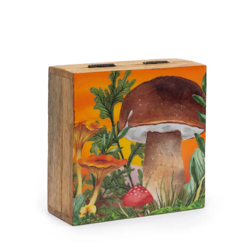 Med Square Box 13.5×13.5x6cm – Mushroom Design Maroon | www.artisangoods.co.uk