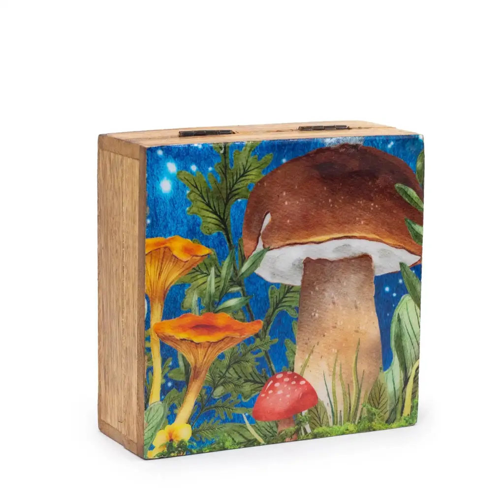 Med Square Box 13.5×13.5x6cm – Mushroom Design Teal | www.artisangoods.co.uk