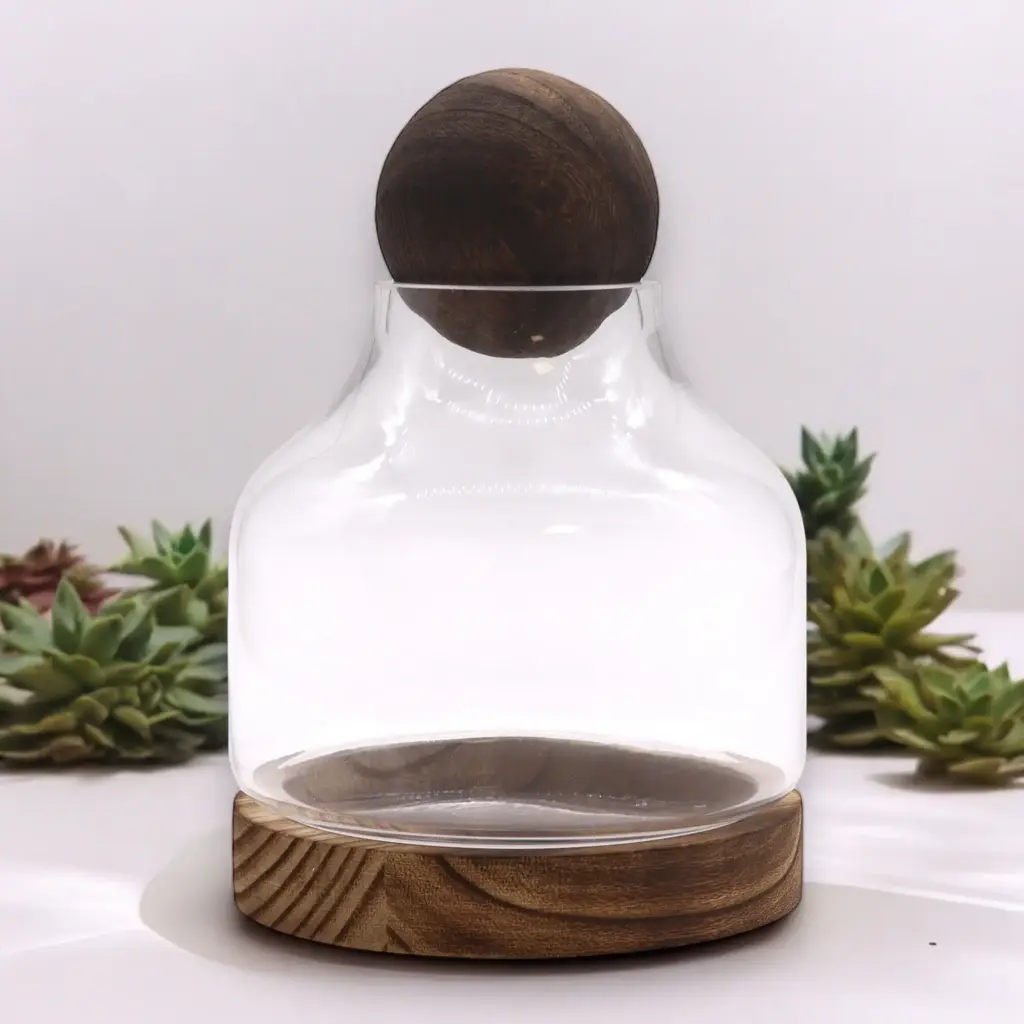 Medium Ball Top Terrarium on Dark Tung Wood | www.artisangoods.co.uk