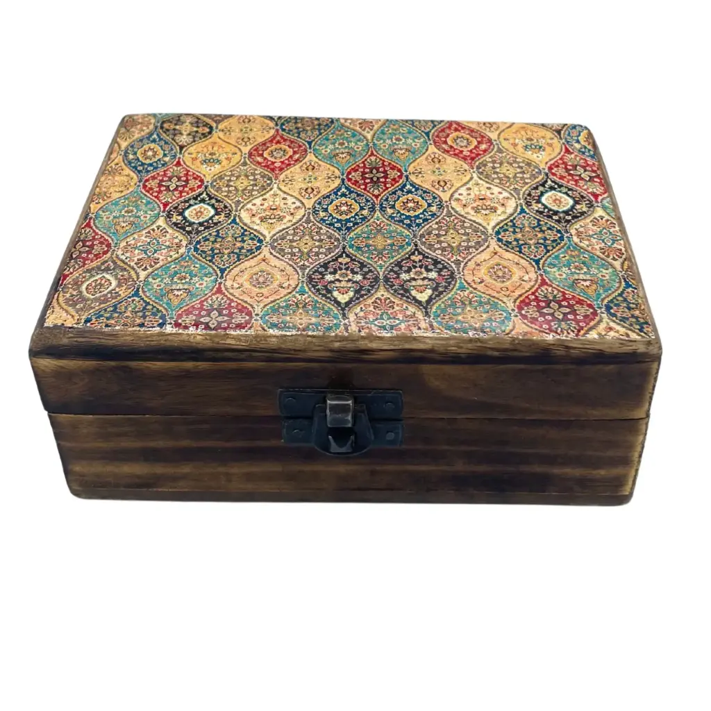 Medium Ceramic Glazed Wood Box – 15x10x6cm – Trad-Pattern | www.artisangoods.co.uk