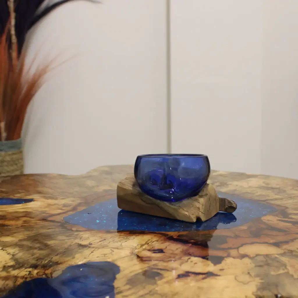 Molton Glass Mini Blue Bowl on Wood | www.artisangoods.co.uk 7