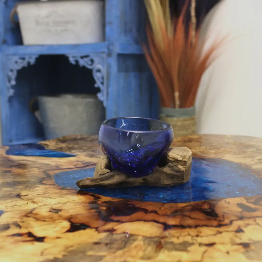 Molton Glass Mini Blue Bowl on Wood | www.artisangoods.co.uk 8