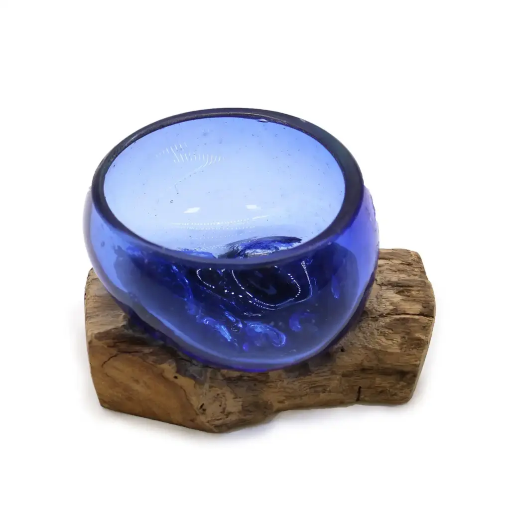 Molton Glass Mini Blue Bowl on Wood | www.artisangoods.co.uk 3