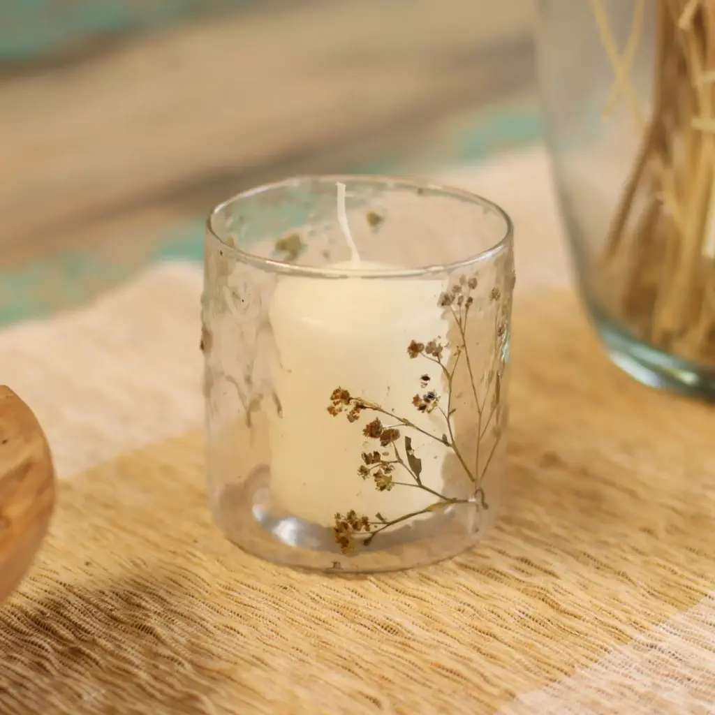 Natural Floral Glass – Straight Candle Holder – Margarita  – (8x8cm) | www.artisangoods.co.uk