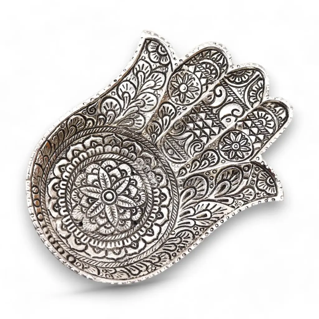 Polished Aluminium  Lrg Hamsa  Incense Holder | www.artisangoods.co.uk