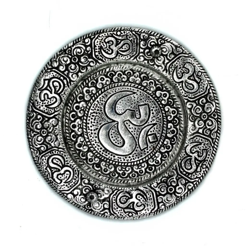 Polished Aluminium Om Round Incense Holder 11cm | www.artisangoods.co.uk