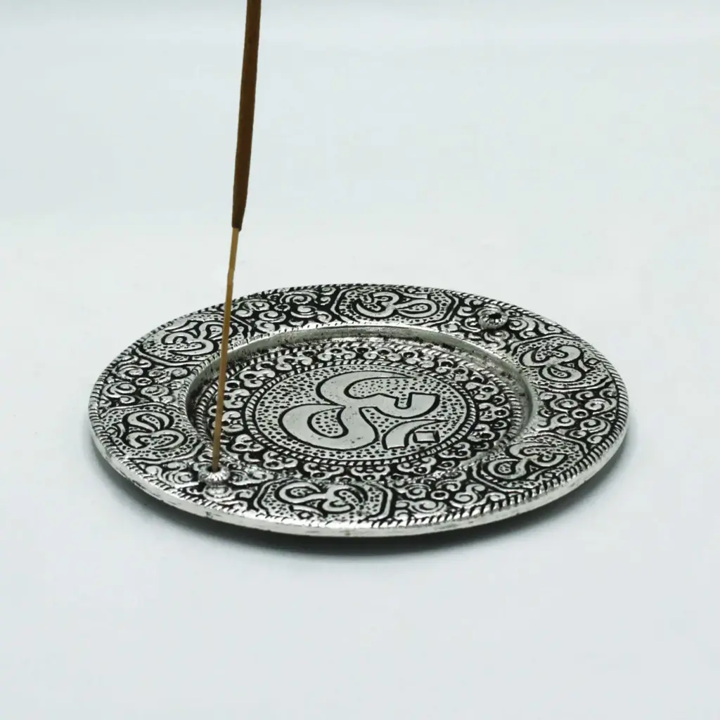 Polished Aluminium Om Round Incense Holder 11cm | www.artisangoods.co.uk 2