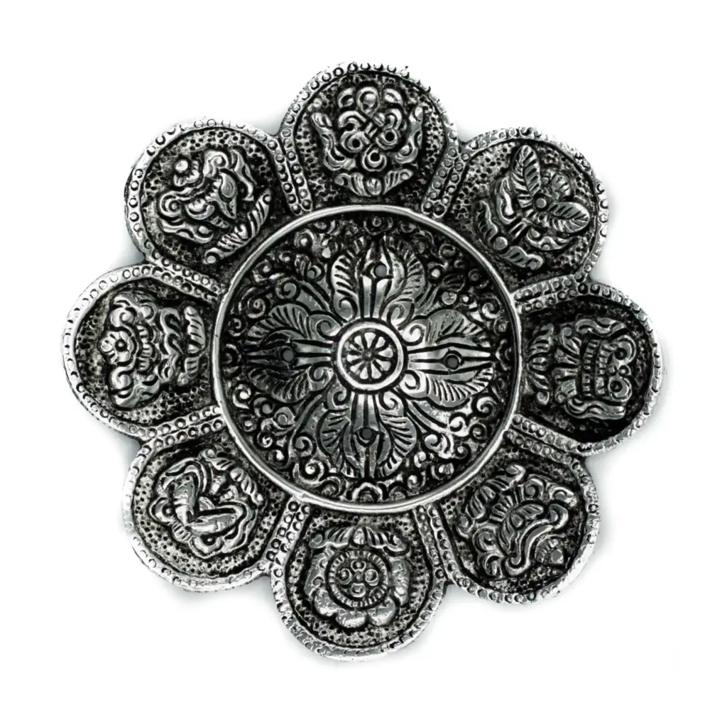 Polished Aluminium Tibetan Symbols Incense Holder 12cm | www.artisangoods.co.uk