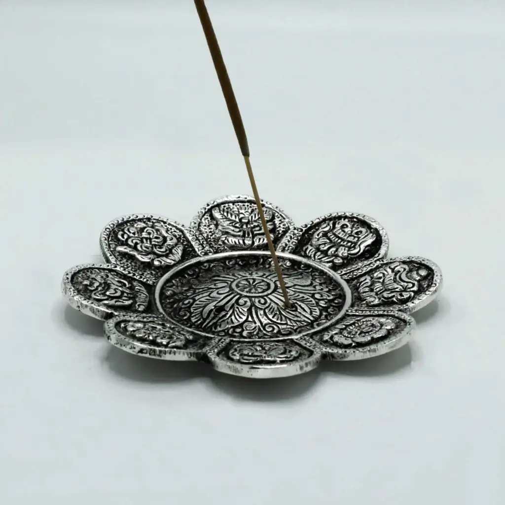Polished Aluminium Tibetan Symbols Incense Holder 12cm | www.artisangoods.co.uk 2