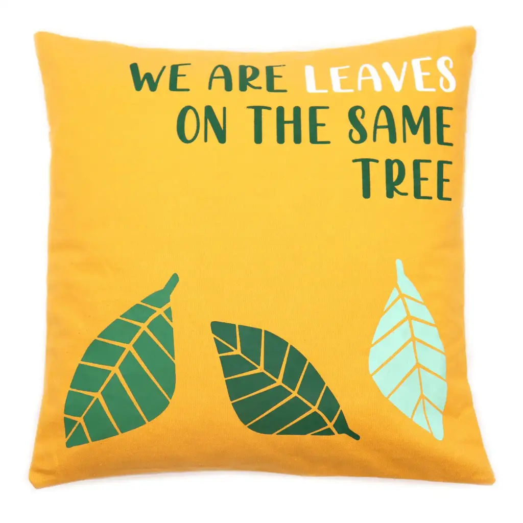 Printed Cotton Cushion Cover – We are Leaves – Yellow, Blue and Natural | www.artisangoods.co.uk