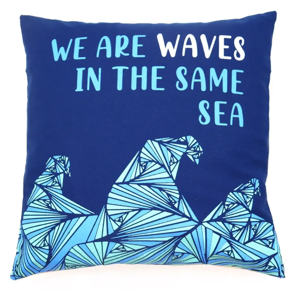 Printed Cotton Cushion Cover – We are Waves – Grey, Blue and Natural | www.artisangoods.co.uk
