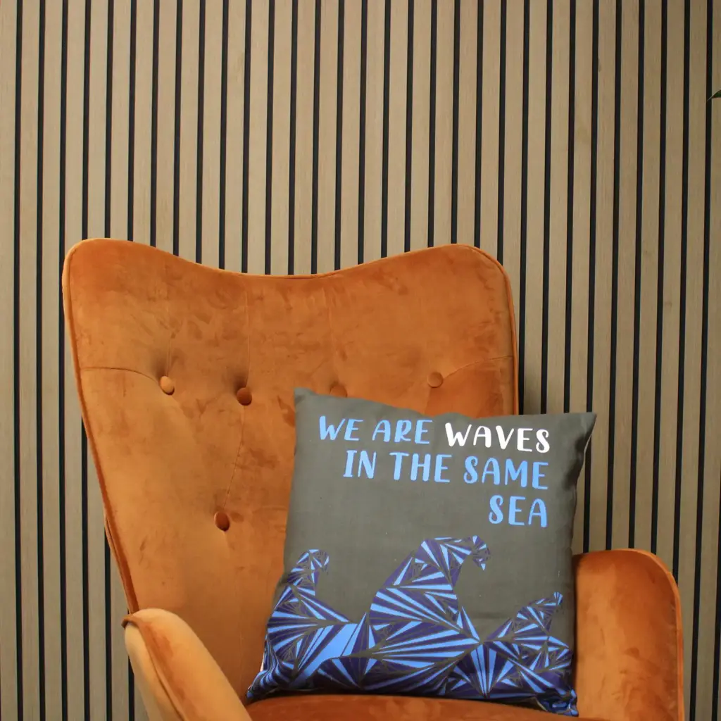 Printed Cotton Cushion Cover – We are Waves – Grey, Blue and Natural | www.artisangoods.co.uk 2