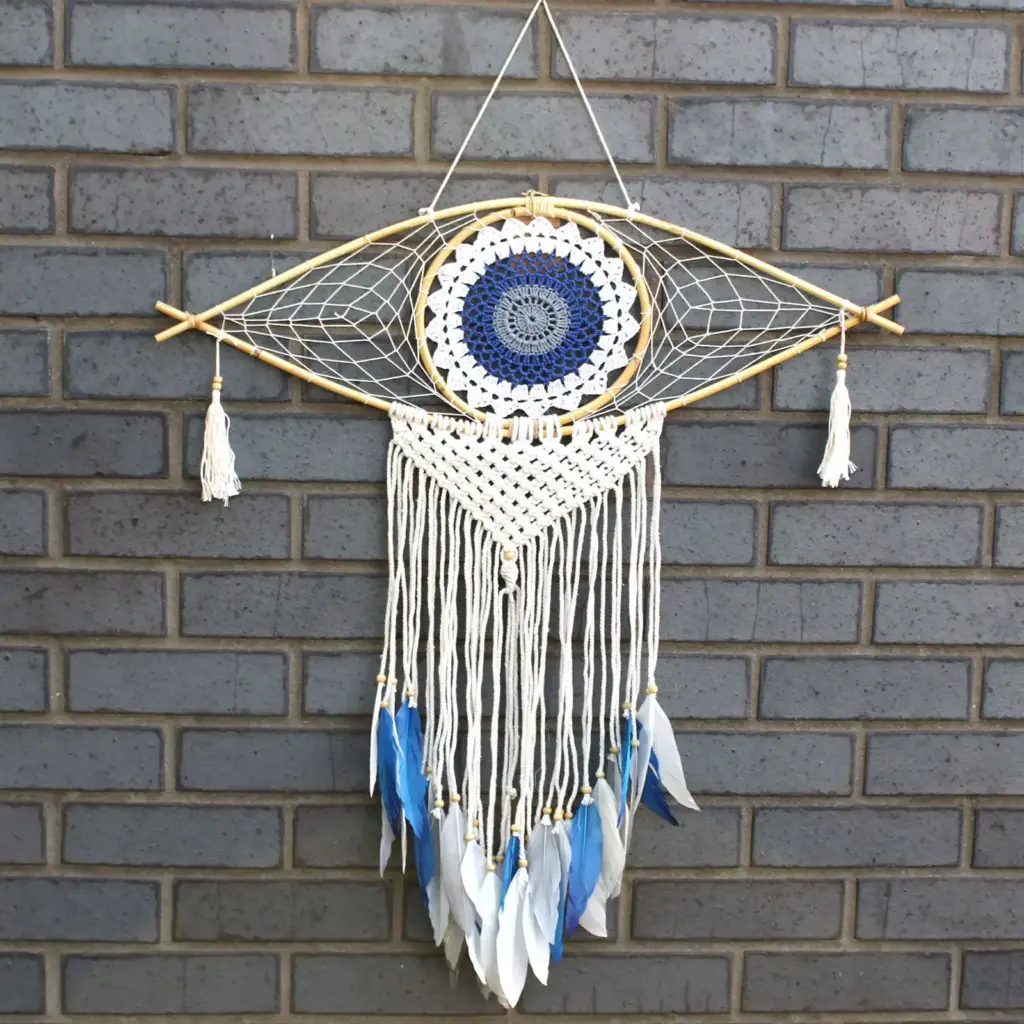 Protection Dream Catcher  – Lrg Macrame Evil Eye White/ Blue/Grey | www.artisangoods.co.uk