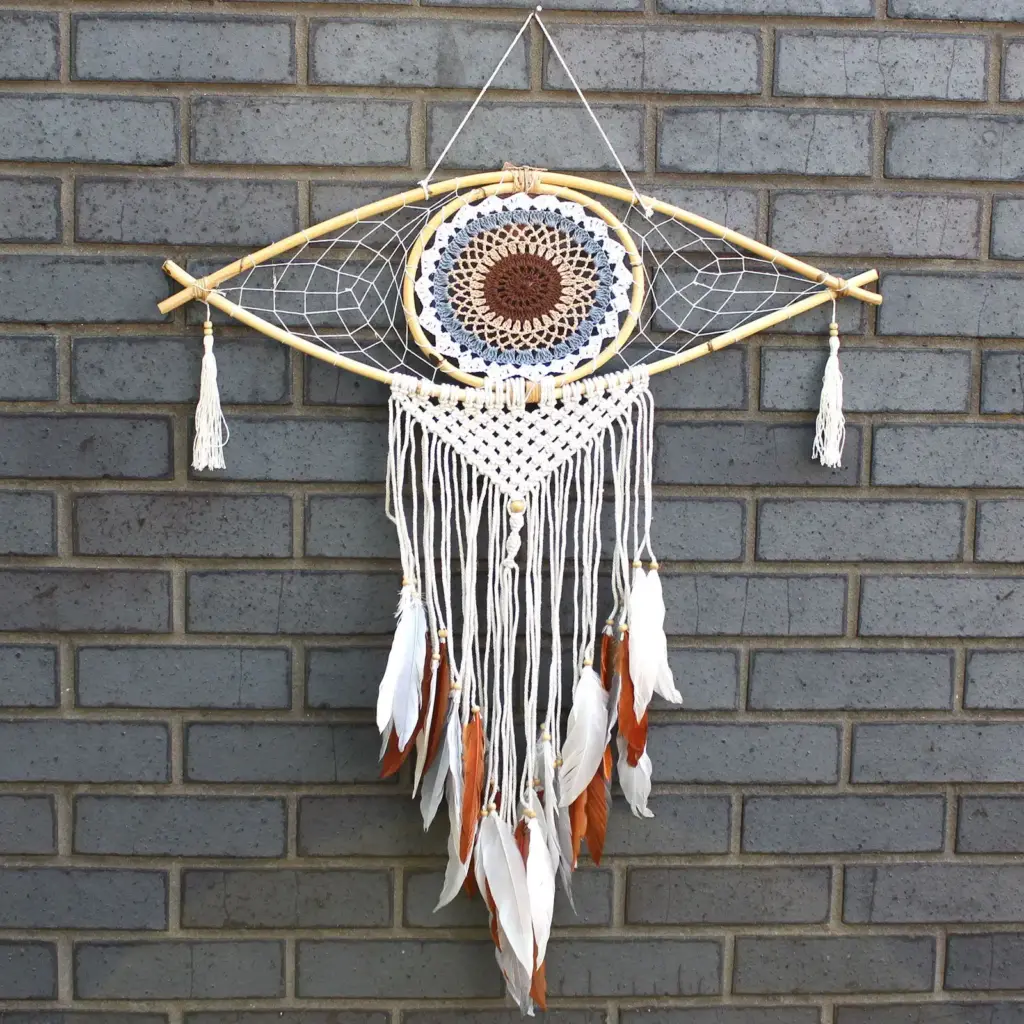 Protection Dream Catcher – Lrg Macrame Evil Eye White/ Grey/Brown | www.artisangoods.co.uk