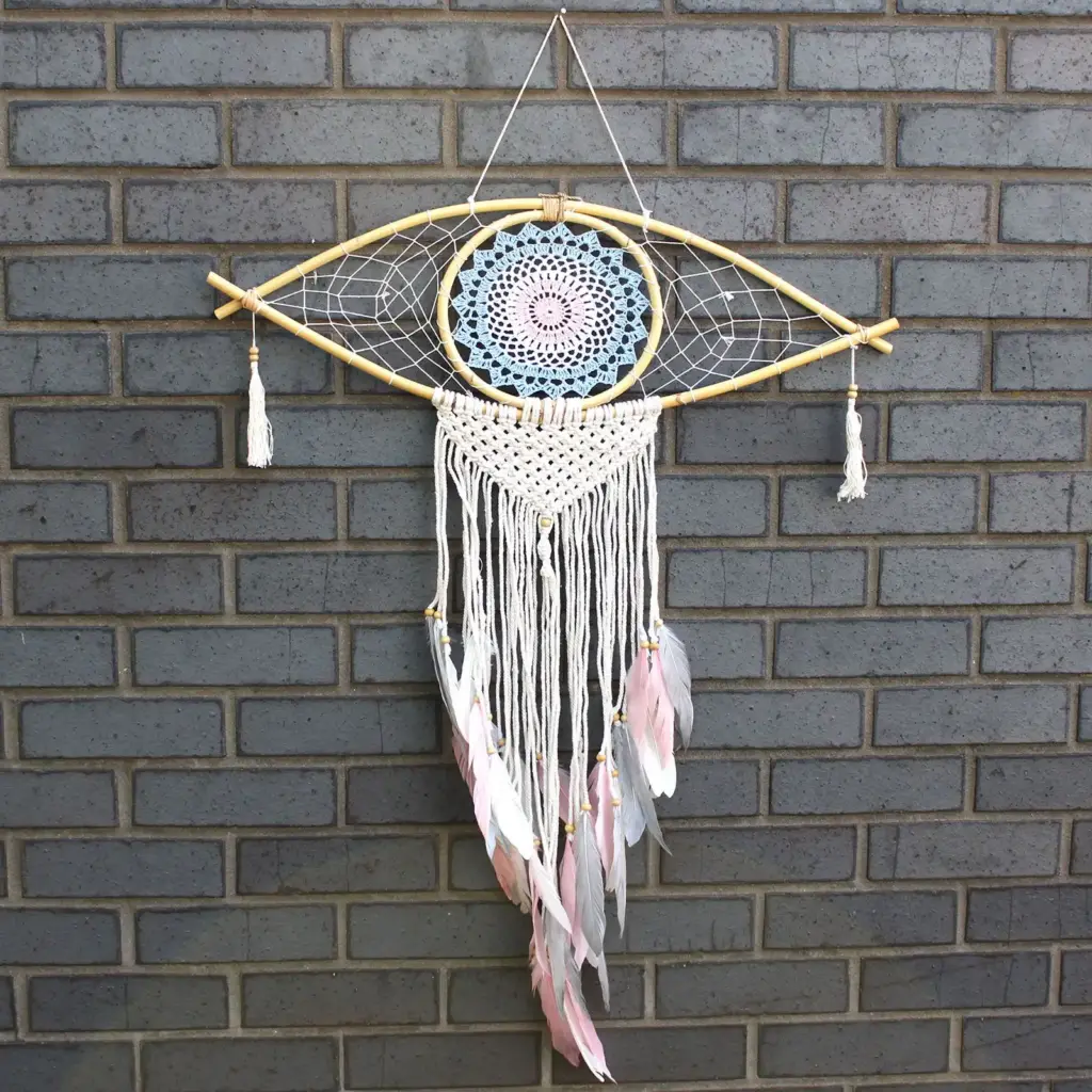 Protection Dream Catcher – Lrg Macrame Eye Blue/ White/Pink | www.artisangoods.co.uk