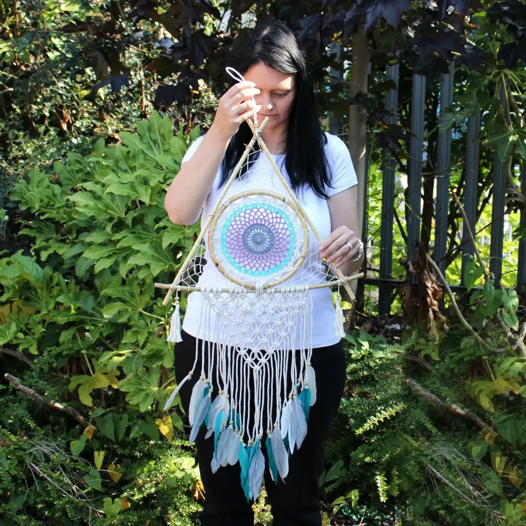 Protection Dream Catcher – Lrg Macrame Pyramid White/Turquoise | www.artisangoods.co.uk 2