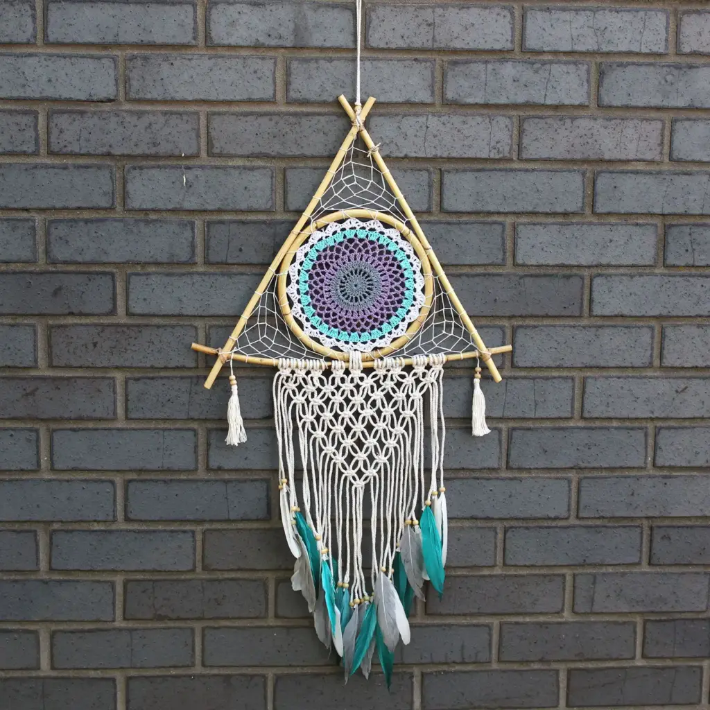 Protection Dream Catcher – Lrg Macrame Pyramid White/Turquoise | www.artisangoods.co.uk