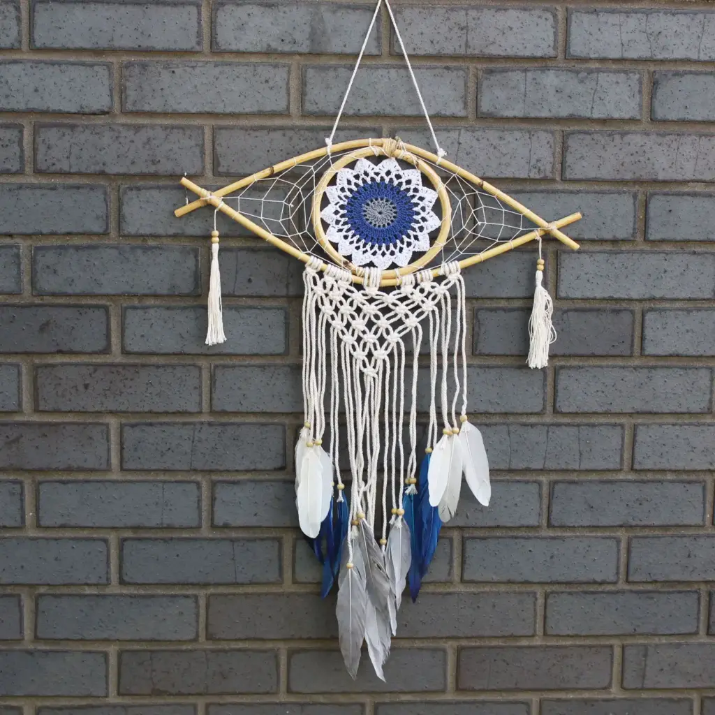 Protection Dream Catcher – Med Macrame Evil Eye White/ Blue/Grey | www.artisangoods.co.uk 2