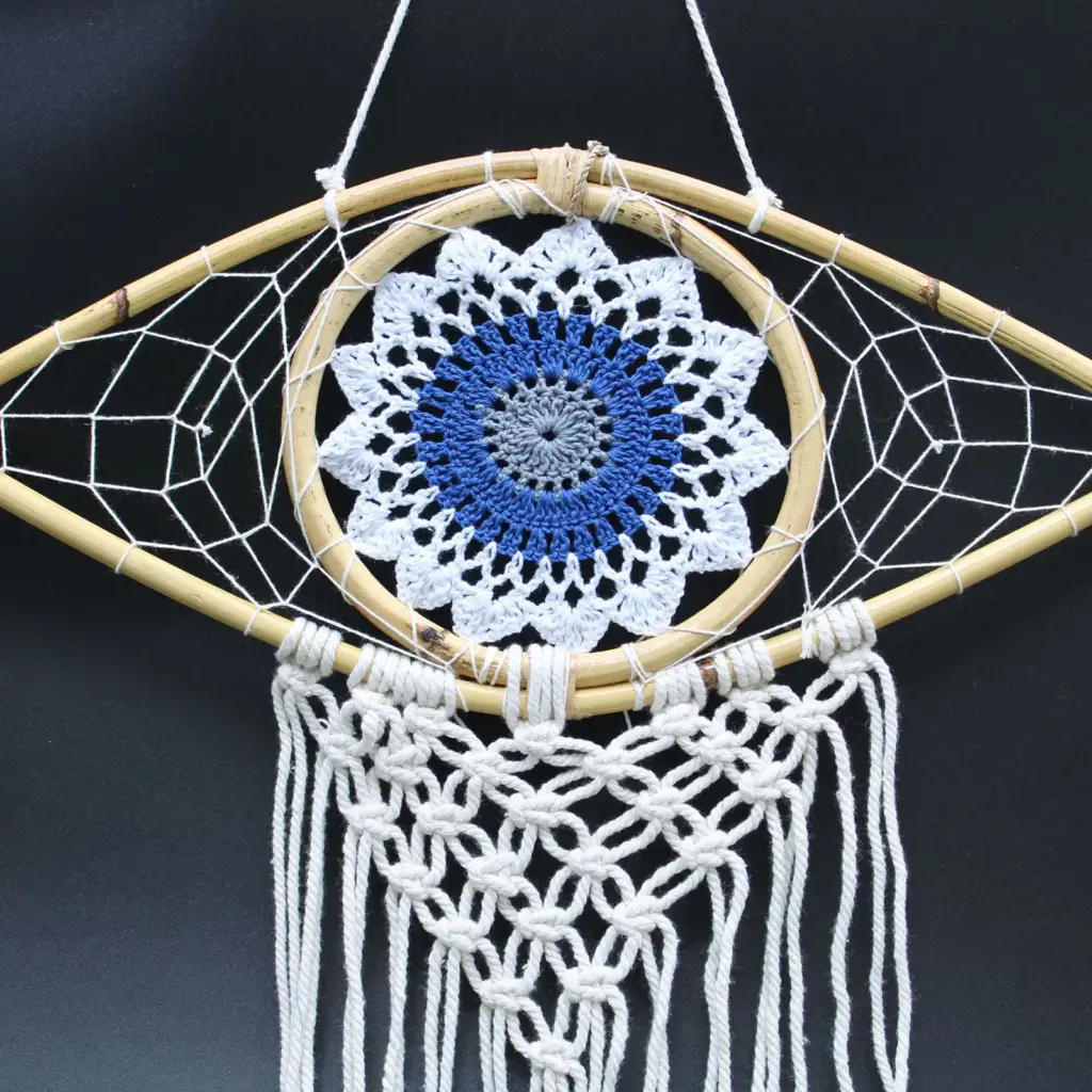 Protection Dream Catcher – Med Macrame Evil Eye White/ Blue/Grey | www.artisangoods.co.uk
