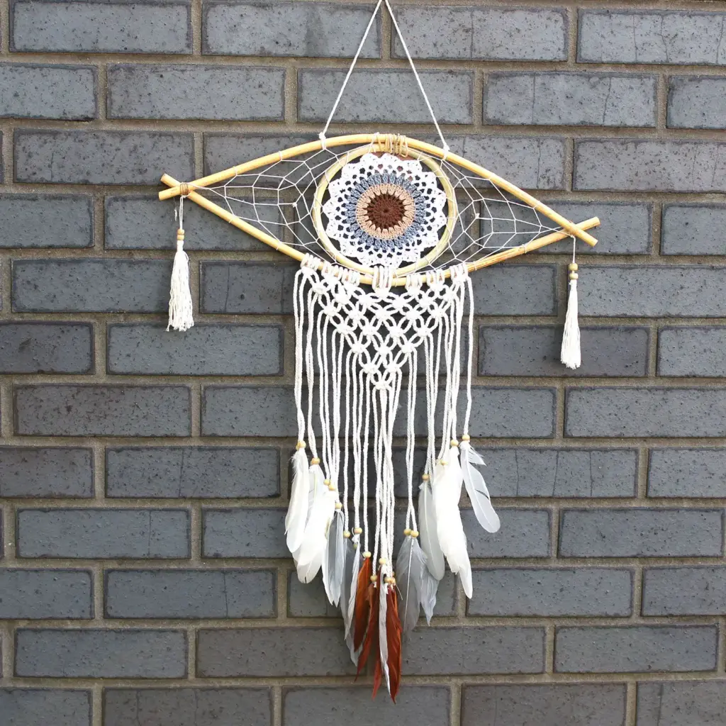 Protection Dream Catcher – Med Macrame Evil Eye White/ Grey/Brown | www.artisangoods.co.uk