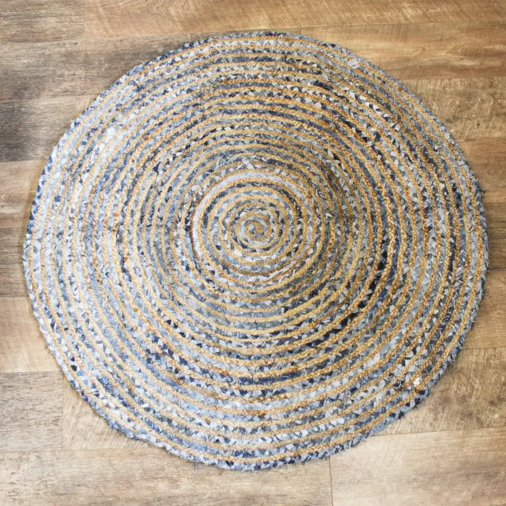 Round Jute and Recycle Denim Rug – 120 cm | www.artisangoods.co.uk