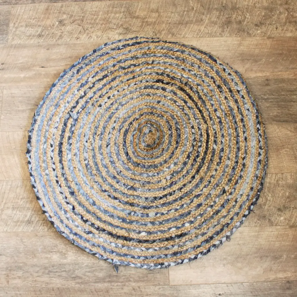 Round Jute and Recycle Denim Rug- 90 cm | www.artisangoods.co.uk
