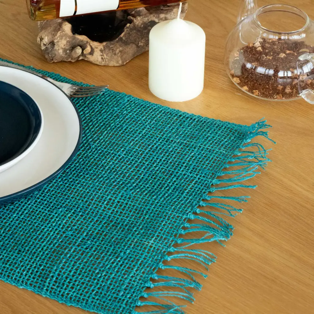 Seagrass Fringe Natural Placemat – Turquoise | www.artisangoods.co.uk