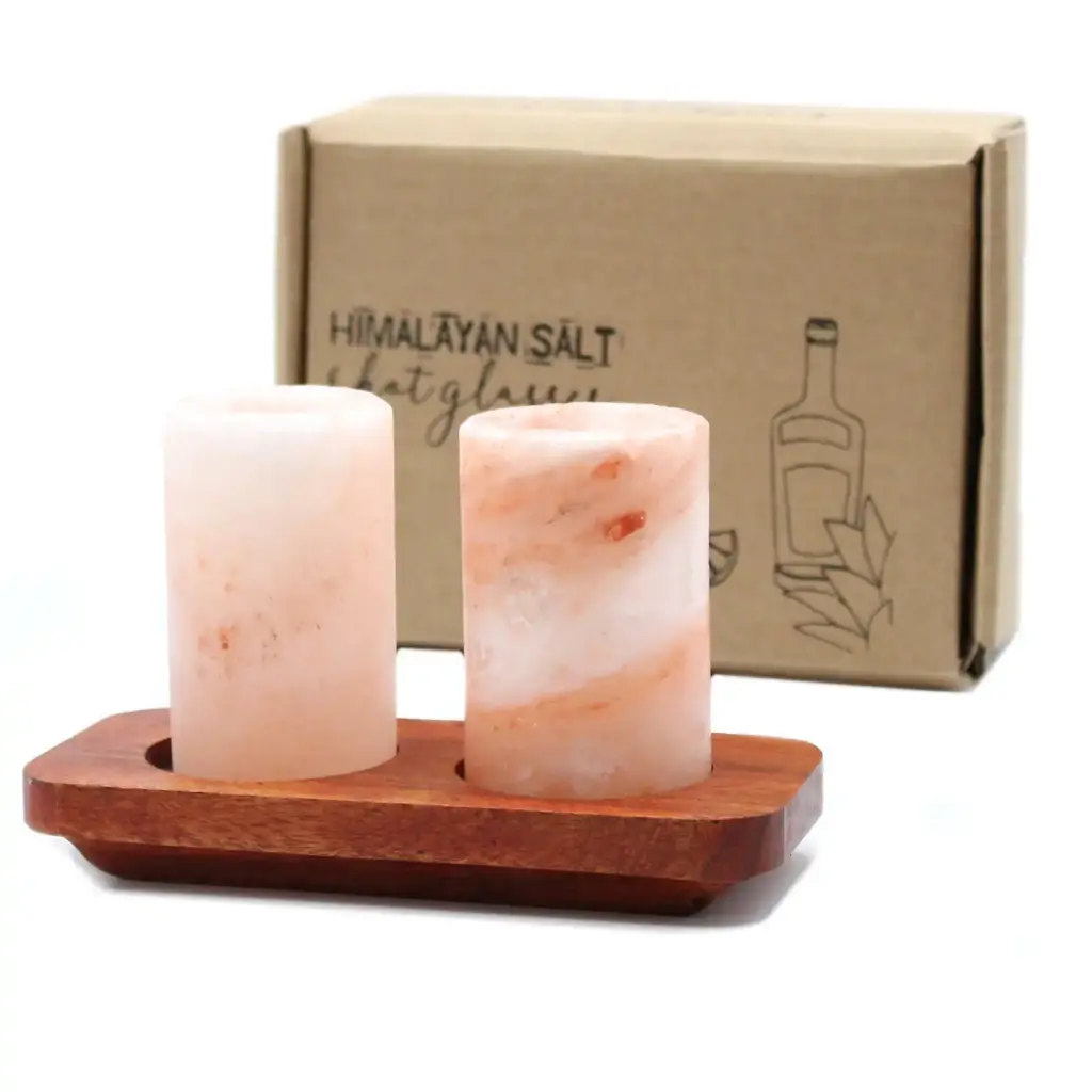 Set of 2 Himalayan Salt Shot Glasses & Wood Serving Stand | www.artisangoods.co.uk