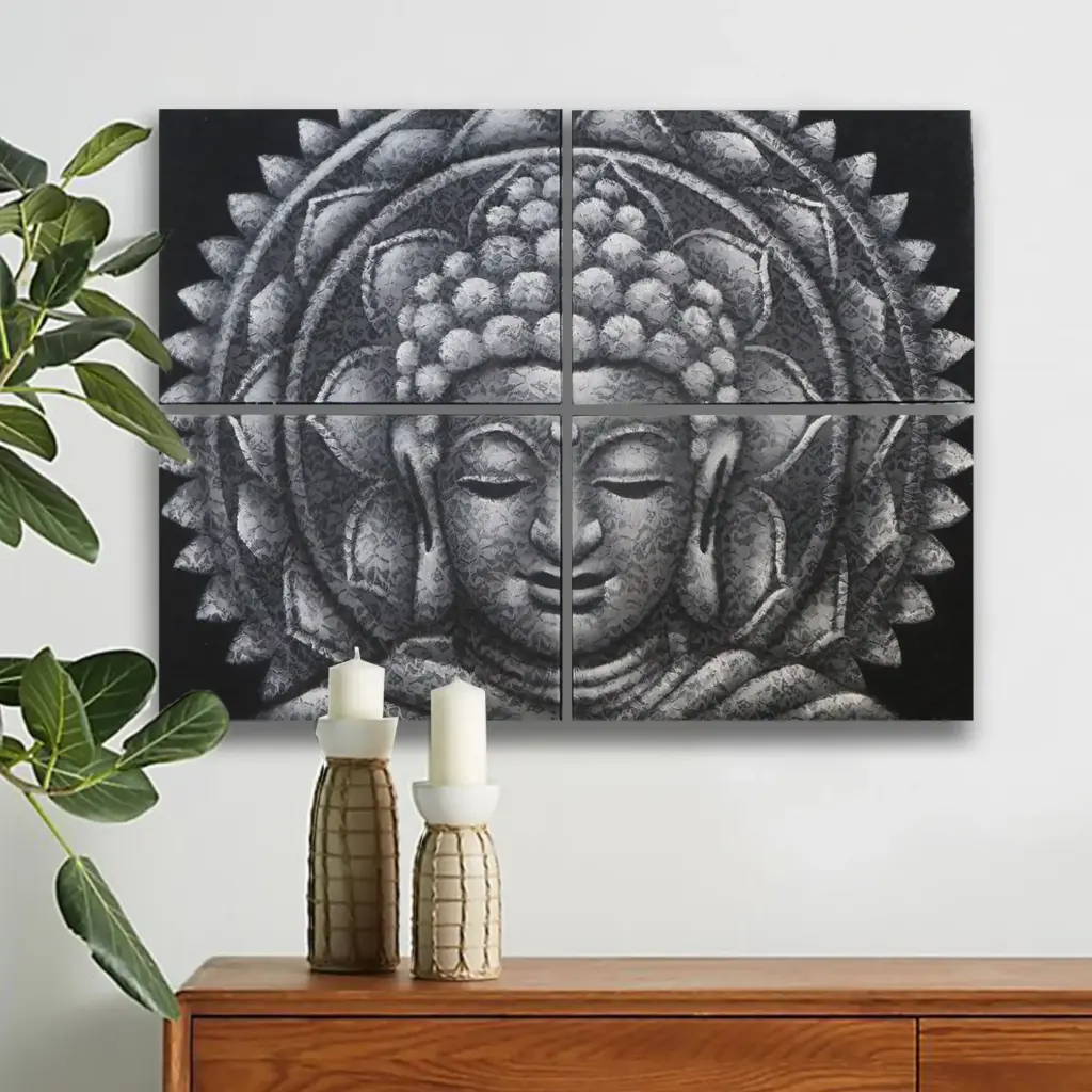 Set of 4 Grey Buddha Mandala Brocade Detail 30x40cm | www.artisangoods.co.uk 2