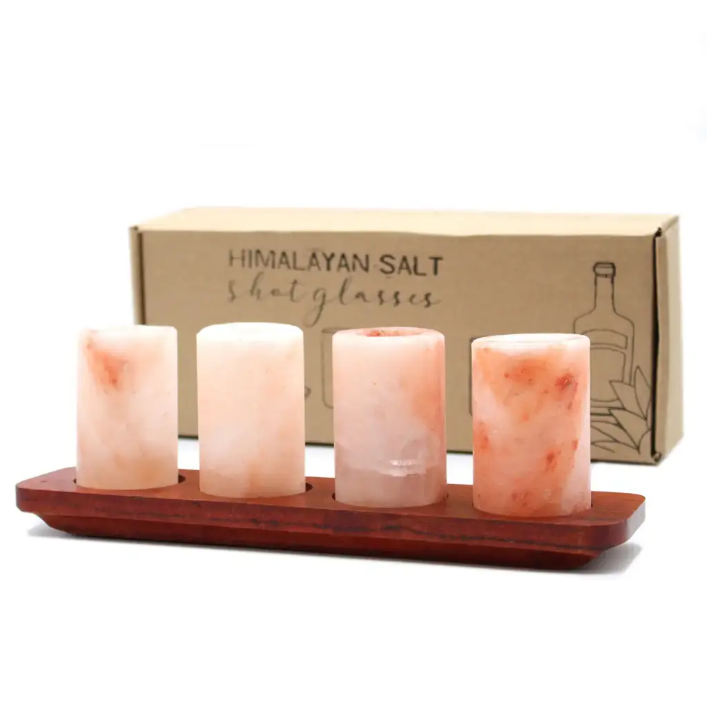 Set of 4 Himalayan Salt Shot Glasses & Wood Serving Stand | www.artisangoods.co.uk