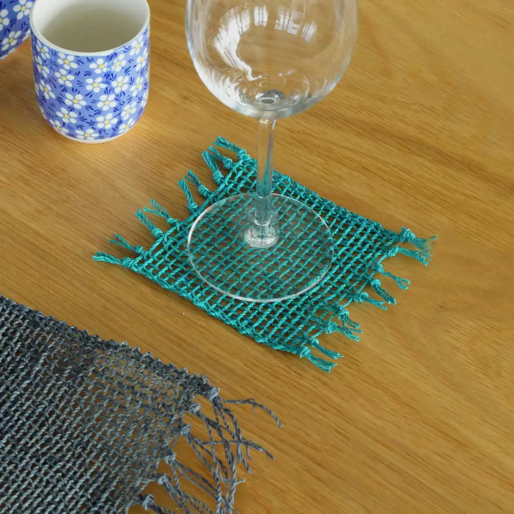 Set of 4 Seagrass Fringe Natural Coasters – Turquoise | www.artisangoods.co.uk