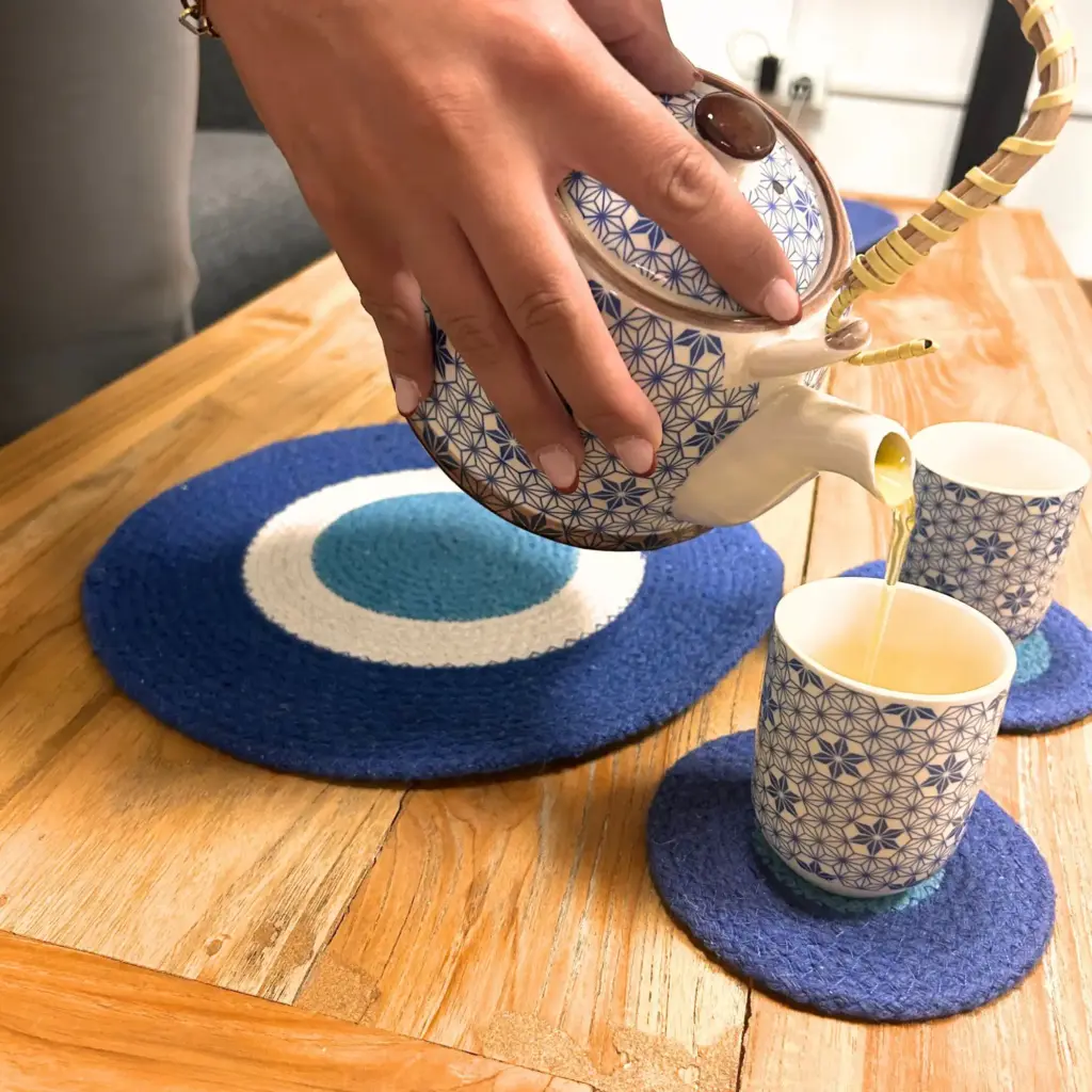 Set of Evil Eye Jute Rope Coasters & Mats (4 of each) | www.artisangoods.co.uk 2
