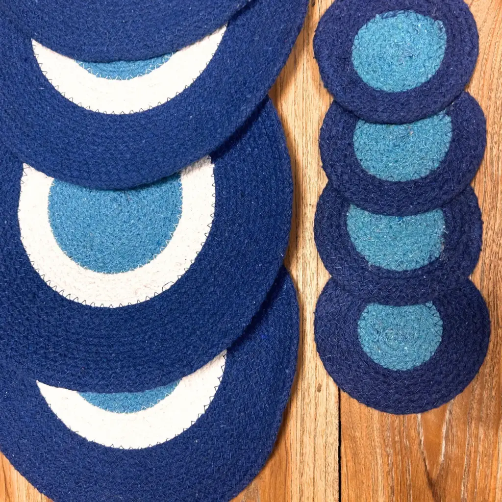 Set of Evil Eye Jute Rope Coasters & Mats (4 of each) | www.artisangoods.co.uk