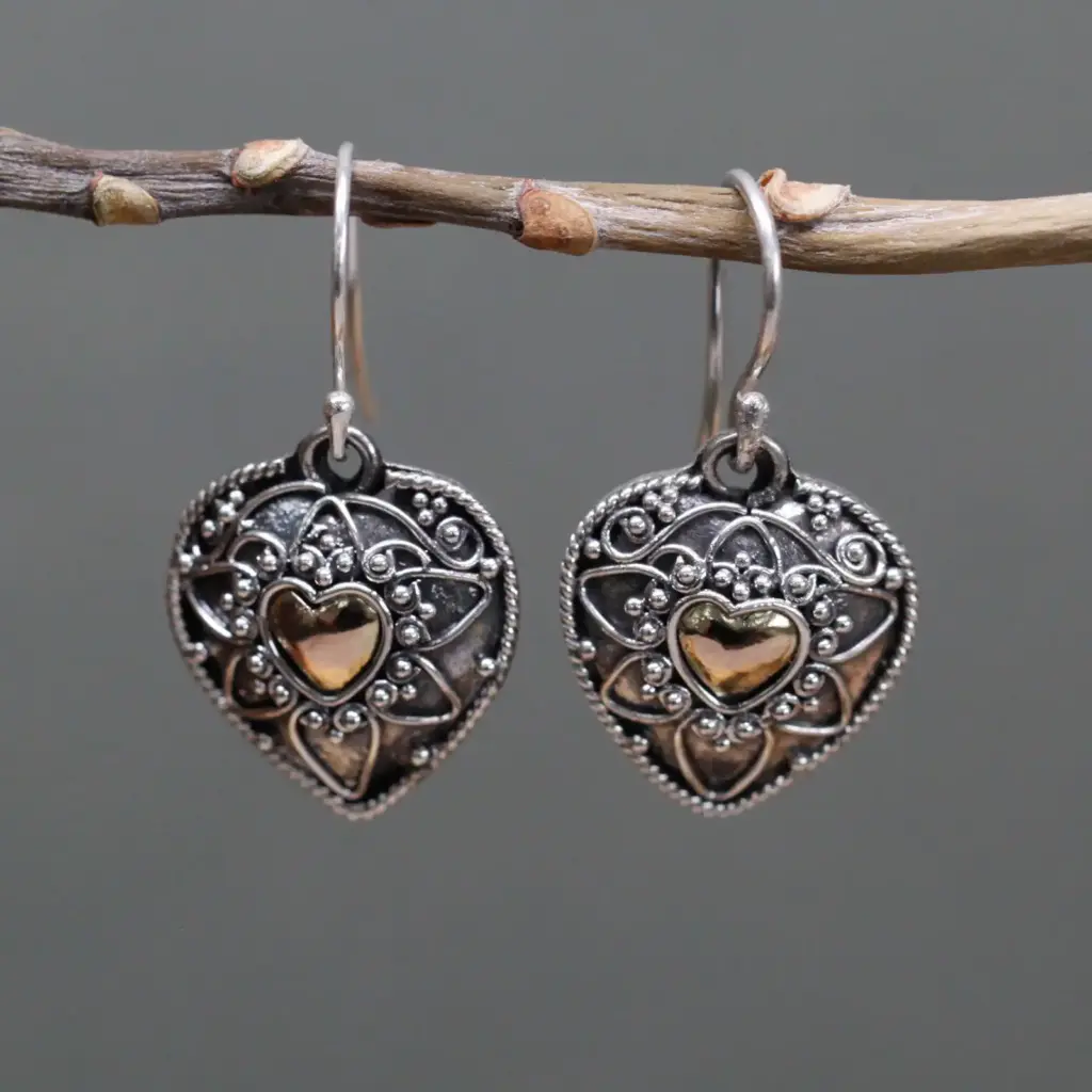 Silver & Gold Earring – Mandala Hearts | www.artisangoods.co.uk