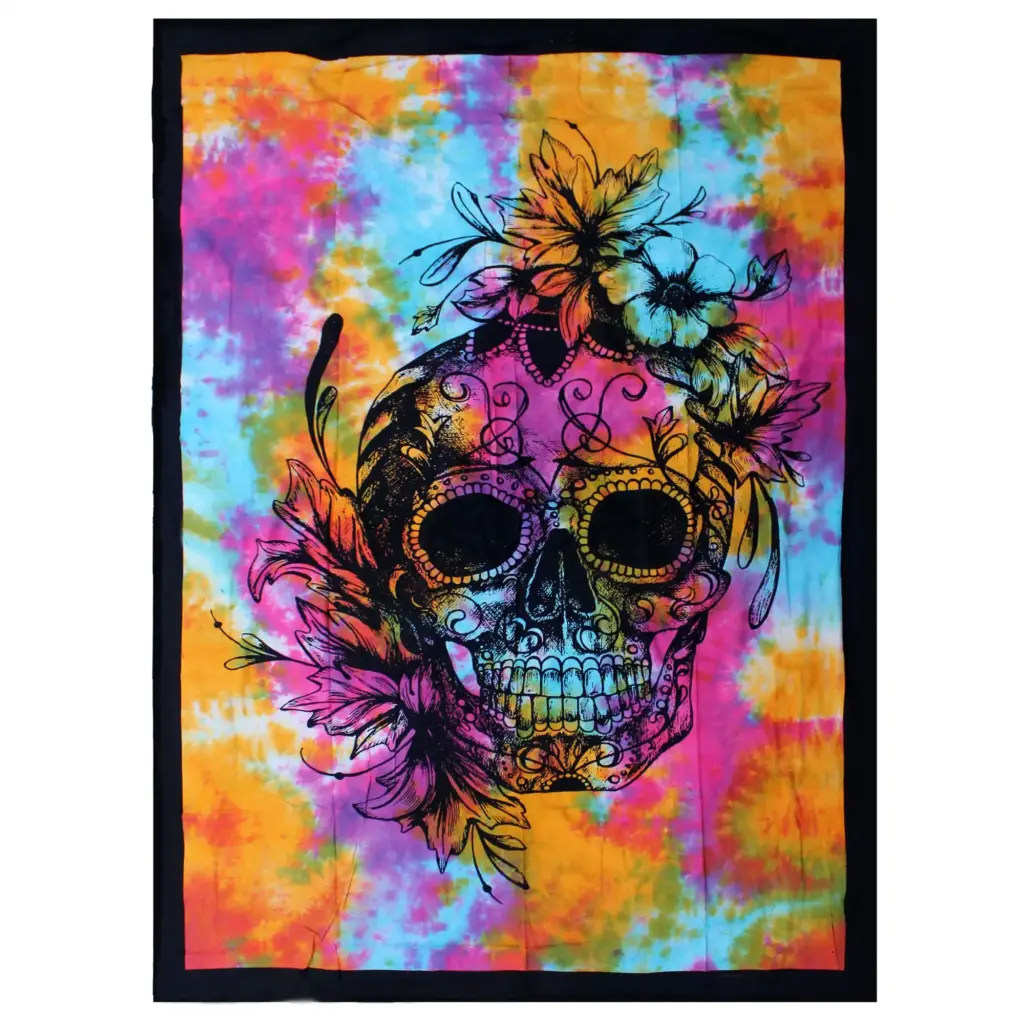 Single Cotton Bedspread + Wall Hanging – Day of Dead Skull | www.artisangoods.co.uk