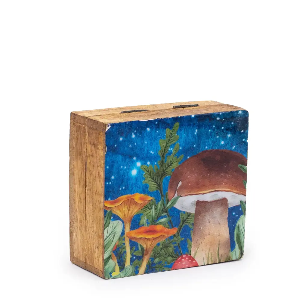 Small Enameled Square Box 10x10x4.2cm – Mushroom Design Teal | www.artisangoods.co.uk