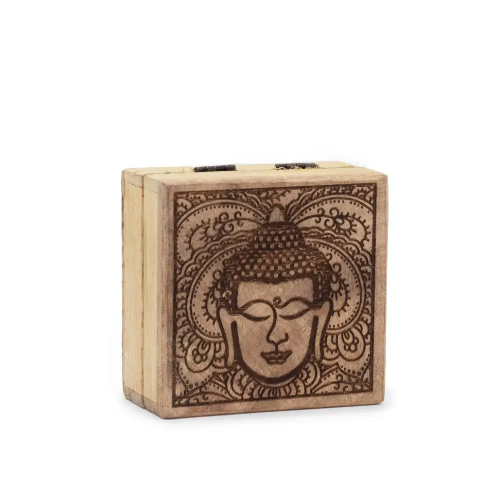 Small Square Box 10x10x4.2cm – Buddha Face Black Engraved | www.artisangoods.co.uk