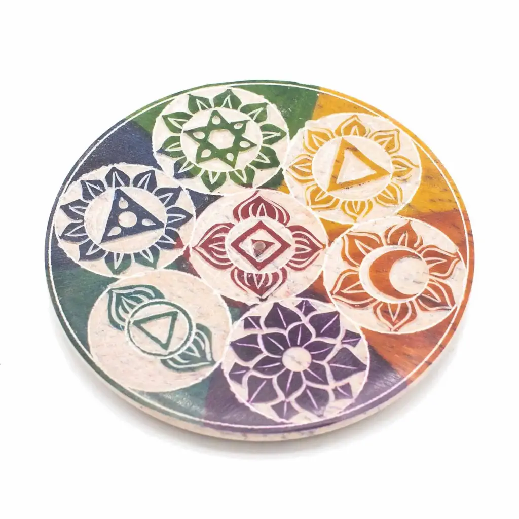 Soapstone Disc Incense Cone Holder 10cm – Seven Chakra | www.artisangoods.co.uk