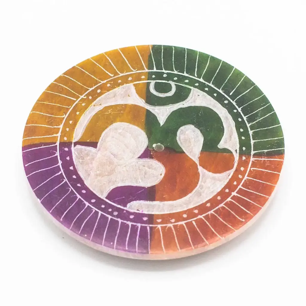 Soapstone Disc Incense Holder 8cm – Om | www.artisangoods.co.uk
