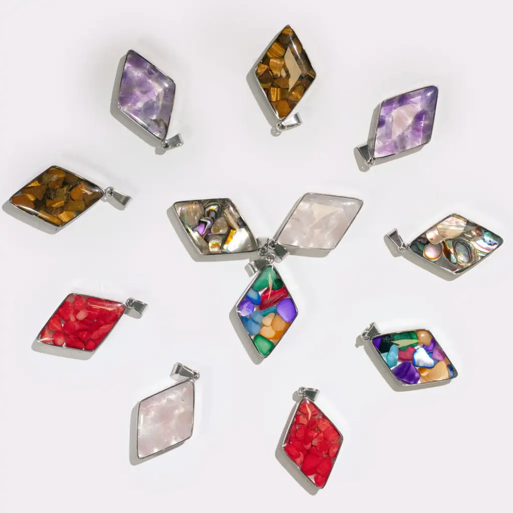 Steel Cased Pendant Diamonds – 12 Assorted Gemstone Chips & Shells | www.artisangoods.co.uk