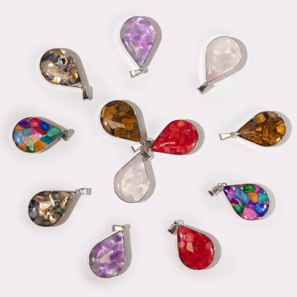 Steel Cased Pendant Teardrops – 12 Assorted Gemstone Chips & Shells | www.artisangoods.co.uk