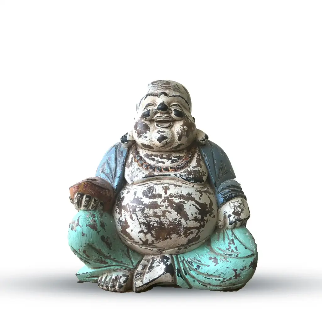 Vintage Blue Mint Hand Carved Buddha Statue – 30cm – Happy Buddha | www.artisangoods.co.uk