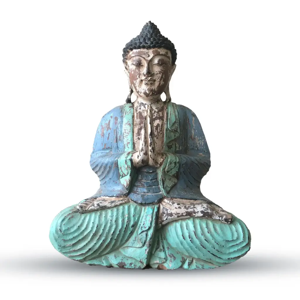 Vintage Blue Mint Hand Carved Buddha Statue – 40cm – Welcome | www.artisangoods.co.uk