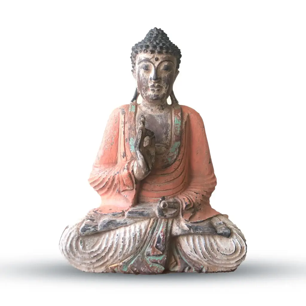 Vintage Orange Hand Carved Buddha Statue – 40cm – Teaching Transmission | www.artisangoods.co.uk