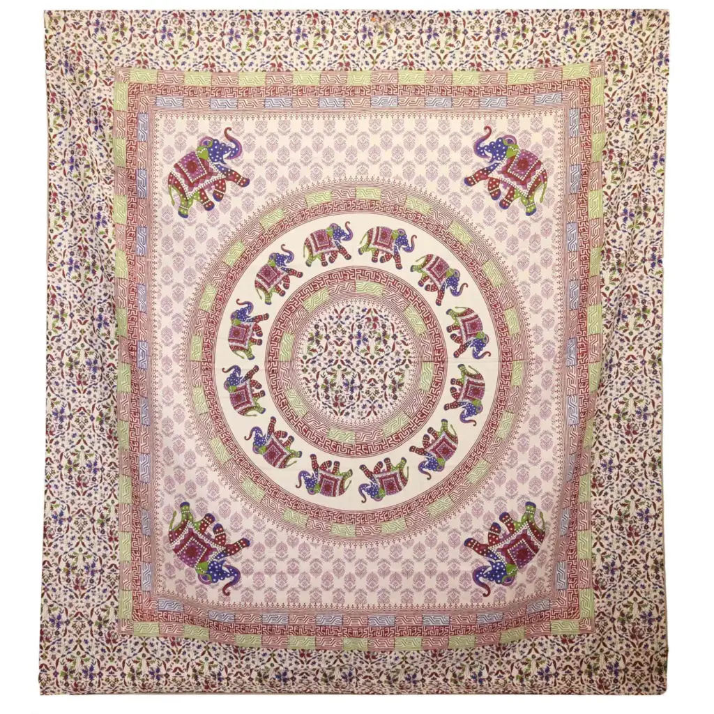 Wall Hanging / Spread – Elephant Mandala – Purple/Blue on Cream | www.artisangoods.co.uk