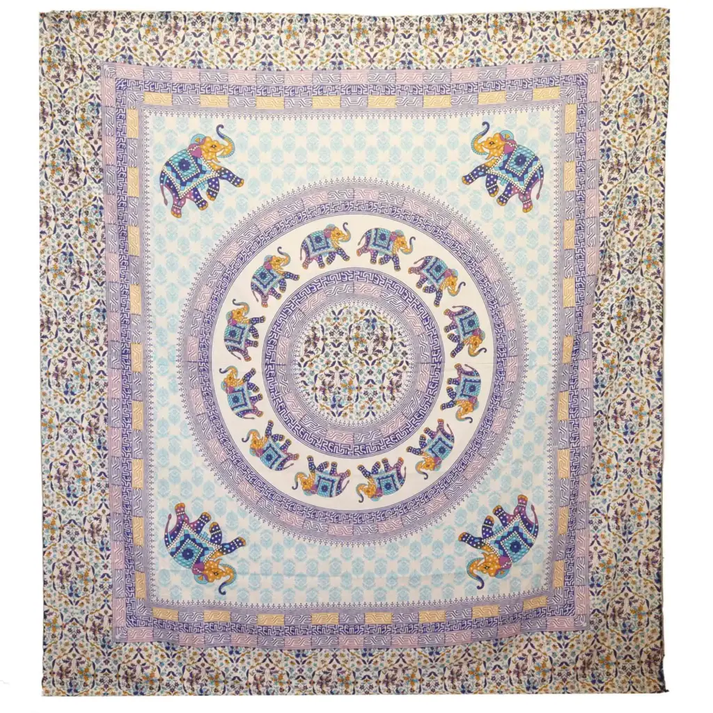 Wall Hanging / Spread – Elephant Mandala – Turquoise/Blue on Cream | www.artisangoods.co.uk