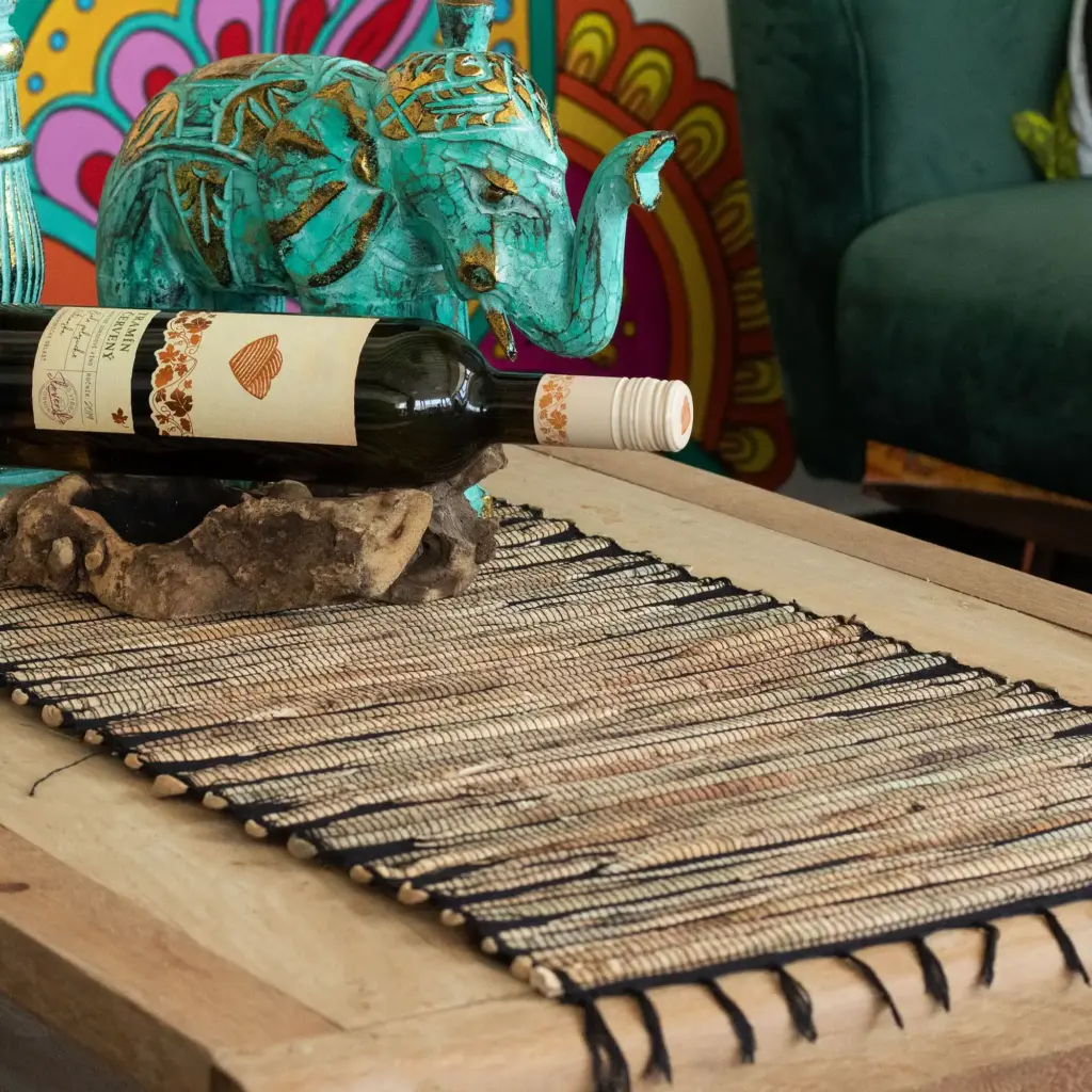 Water Hyacinth Natural Table Runner – Black Tiger with Fringe – 150cm | www.artisangoods.co.uk
